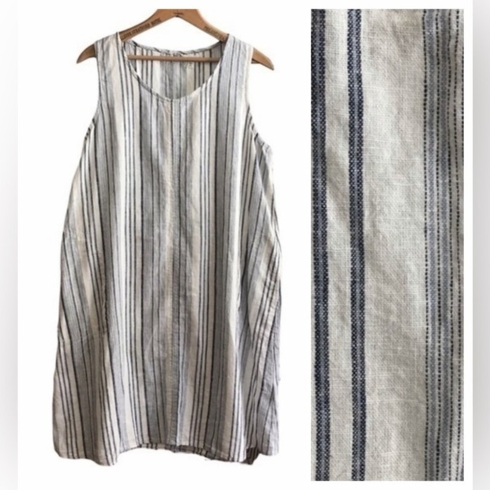 Max Studio White Blue Stripe Linen Sleeveless A-line Dress Large